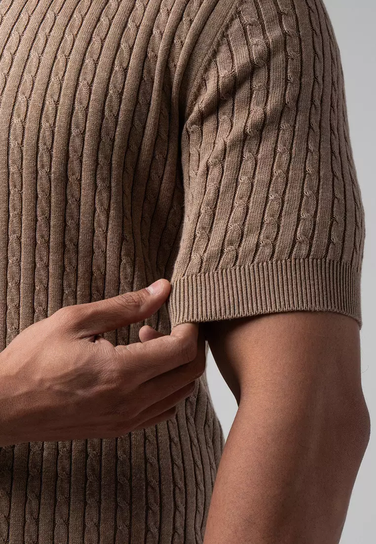 Mens Cable Knit Cotton Polo Light Brown