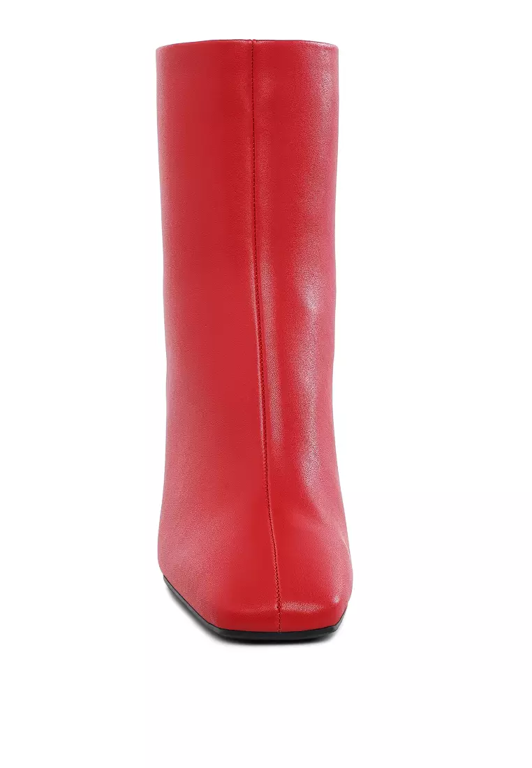 Faux Leather Square Toe Ankle Boots in Red