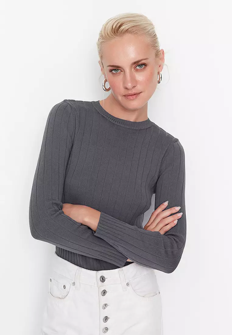 Anthracite Basic Crew Neck Knitwear Sweater