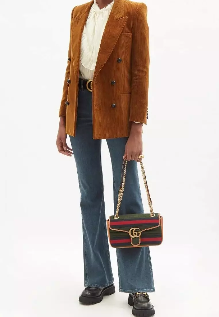 Gucci GG Marmont Striped Wool And Leather Shoulder Bag Navy Multi