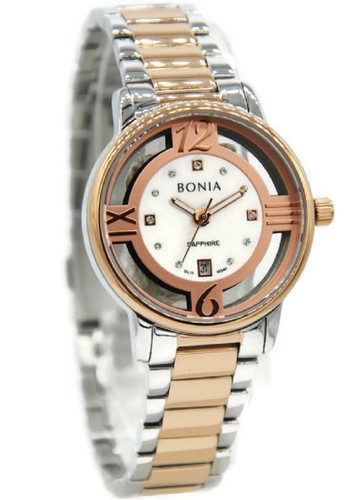 Bonia BNB10340-2655 Jam Tangan Wanita Stainless Steel Silver Kombinasi Rosegold Plat Putih