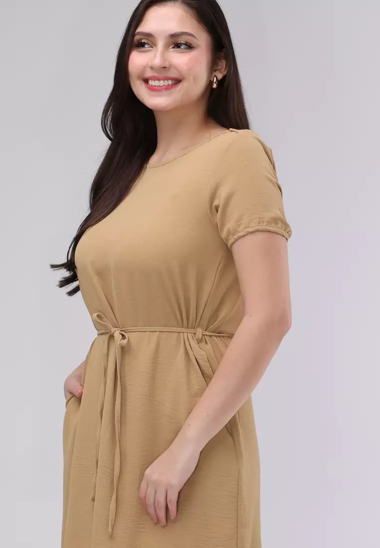 Linen Wrinkles Woven Short Sleeves Dress