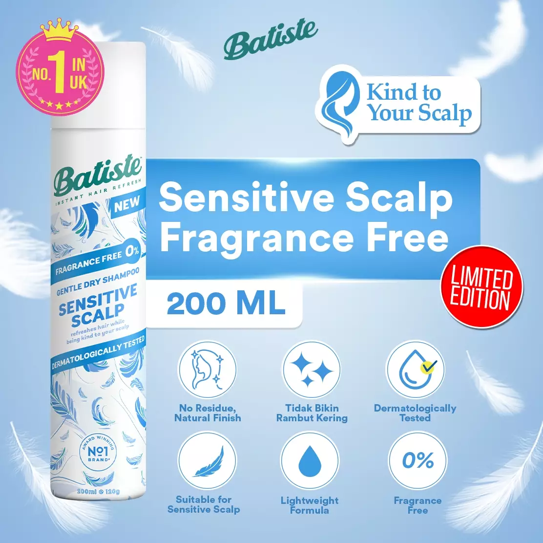 Batiste Sensitive Scalp Fragrance Free Dry Shampoo 200ml (Untuk Kulit Kepala Sensitive)