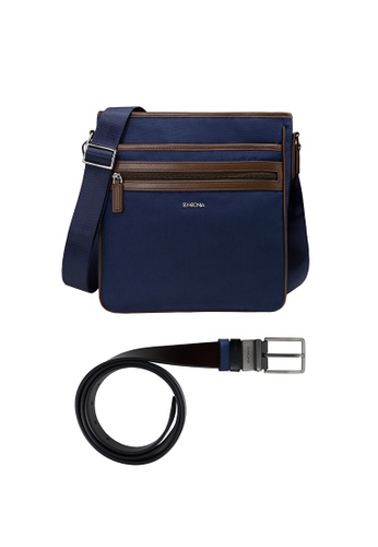 SEMBONIA black Men Leather Trimmed Crossbody Bag & Pin Buckle Belt CC096AC5139B54GS_1