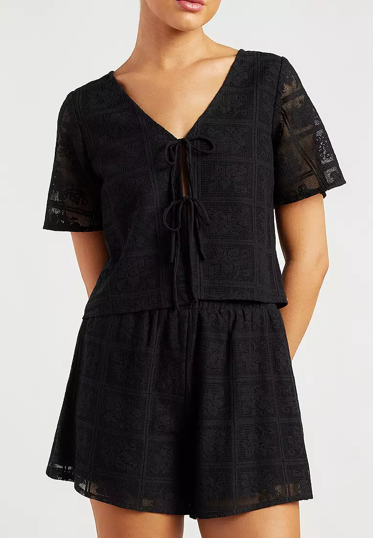 Patchwork Lace Top And Shorts Set