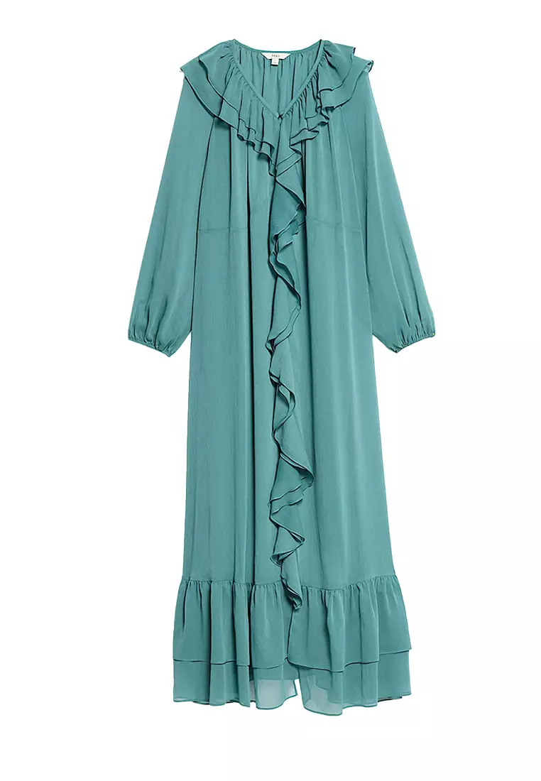 V-Neck Frill Detail Maxi Column Dress