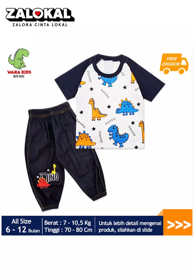 Skabe Pakaian Bayi Anak Laki Laki Baju Lengan Pendek Motif Dino Setelan Celana Jeans Jogger 3/4 All Size Warna Tua Usia 6 Bulan Hingga 12 Bulan 3435 Wakakids Waka Kids
