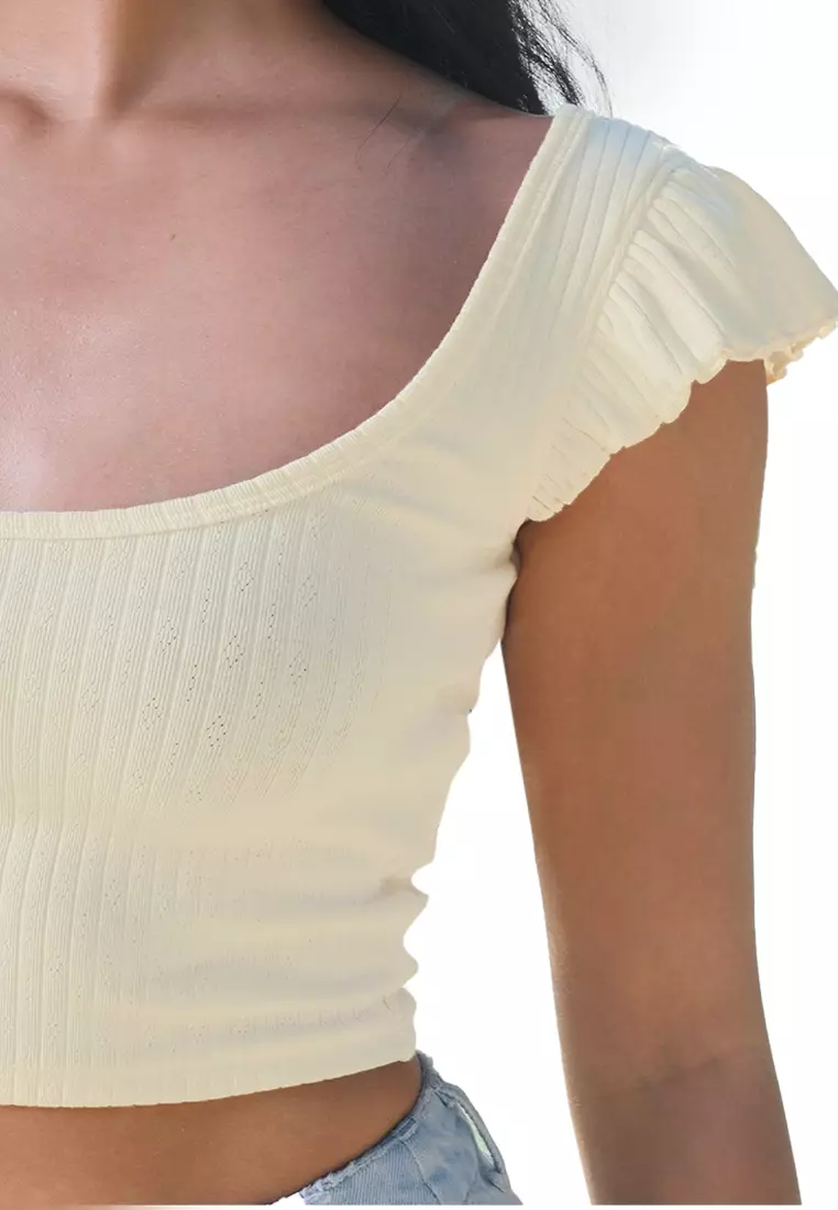 Pointelle Jersey Top With Ruffle Sleeves