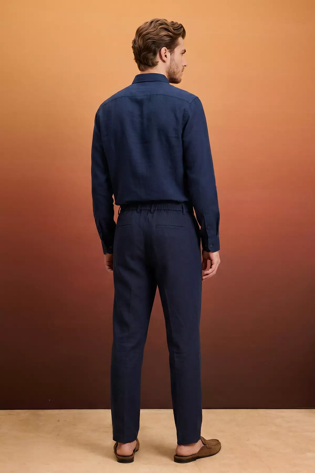 Navy Blue 100% Linen Elastic Waist Regular Waist Men'S Trousers Tmnss26Pl00026