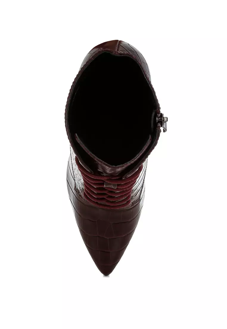 Sepatu Boot Stiletto Croc Lace-Up di Burgundy