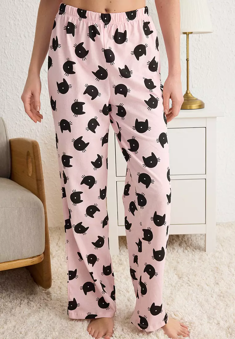 Pink Cat Patterned Knitted Pajama Set
