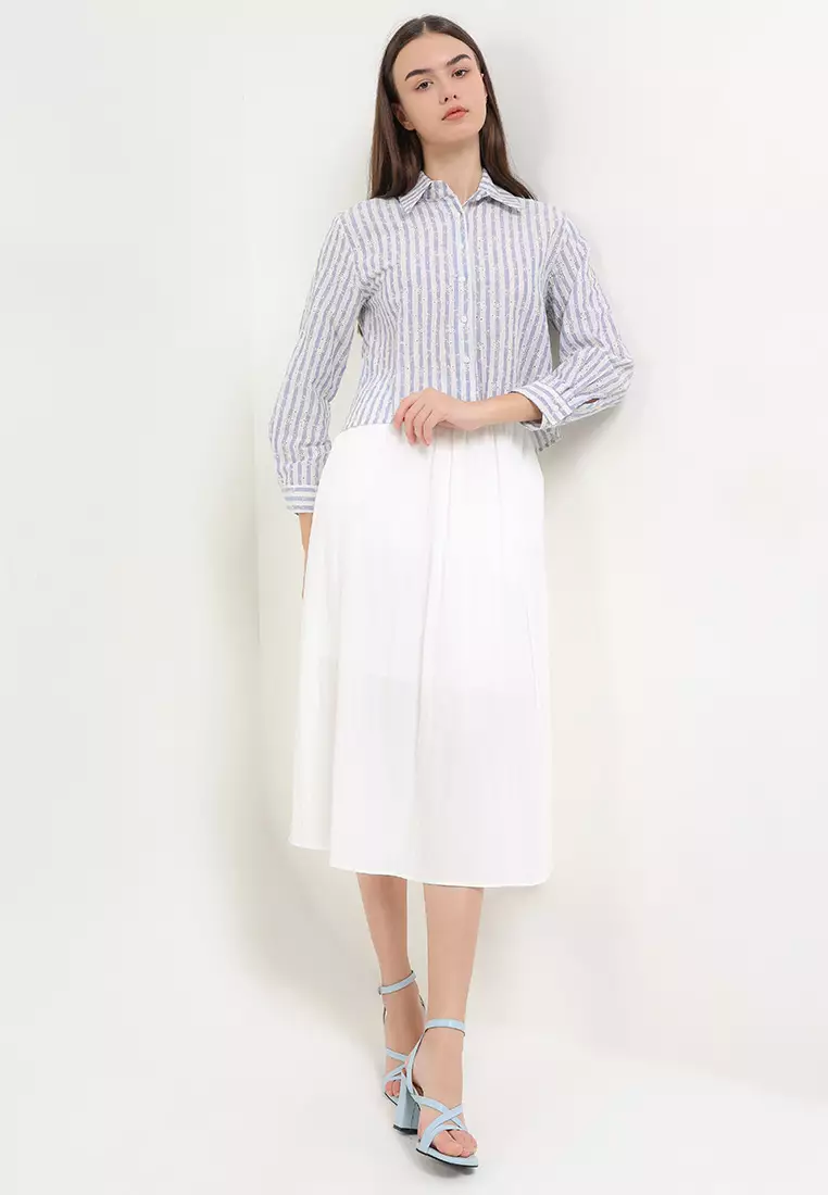 L/S Eyelet Flo Emb Cropped Stripes Shirt