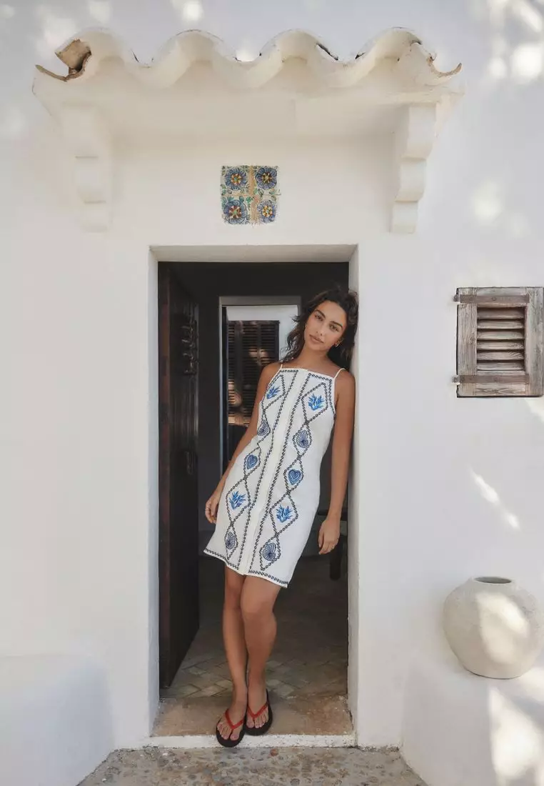 Embroidered Mini Shift Dress With Linen