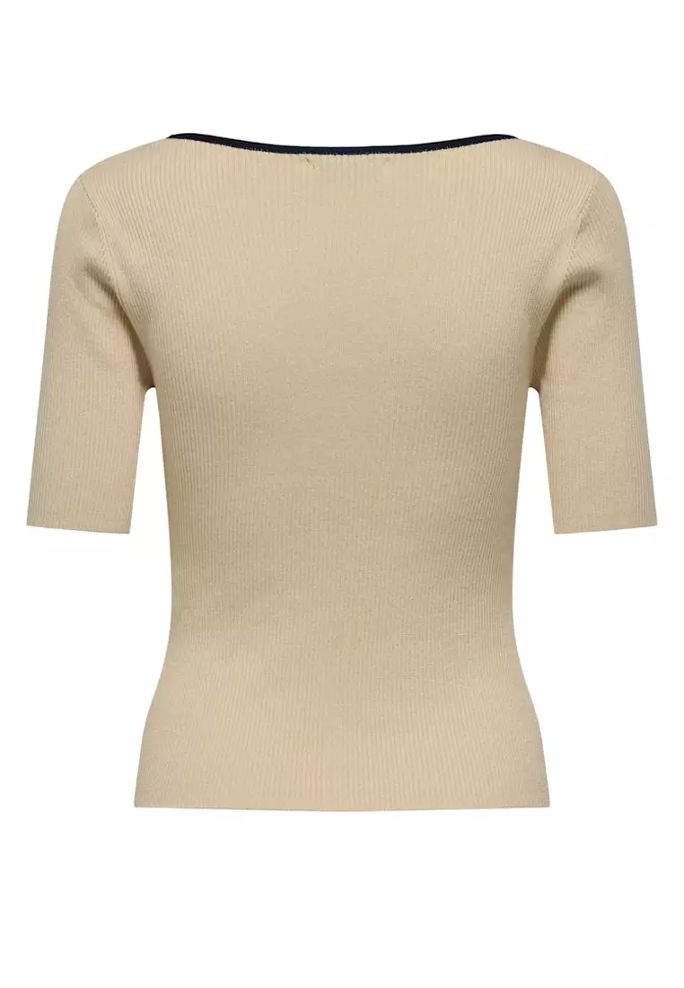 Short Sleeves Contrast V-Neck Pull Sweater