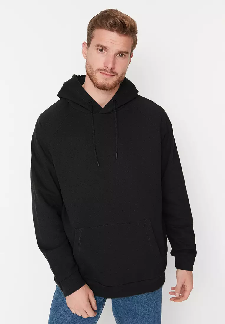 Black Basic Oversize/Wide Cut Hooded Sweatshirt with Fleece Inside TMNAW23SW00192