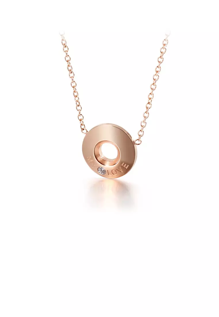 Fashion Simple Plated Rose Gold Geometric Round Love 316L Stainless Steel Pendant with Cubic Zirconia and Necklace