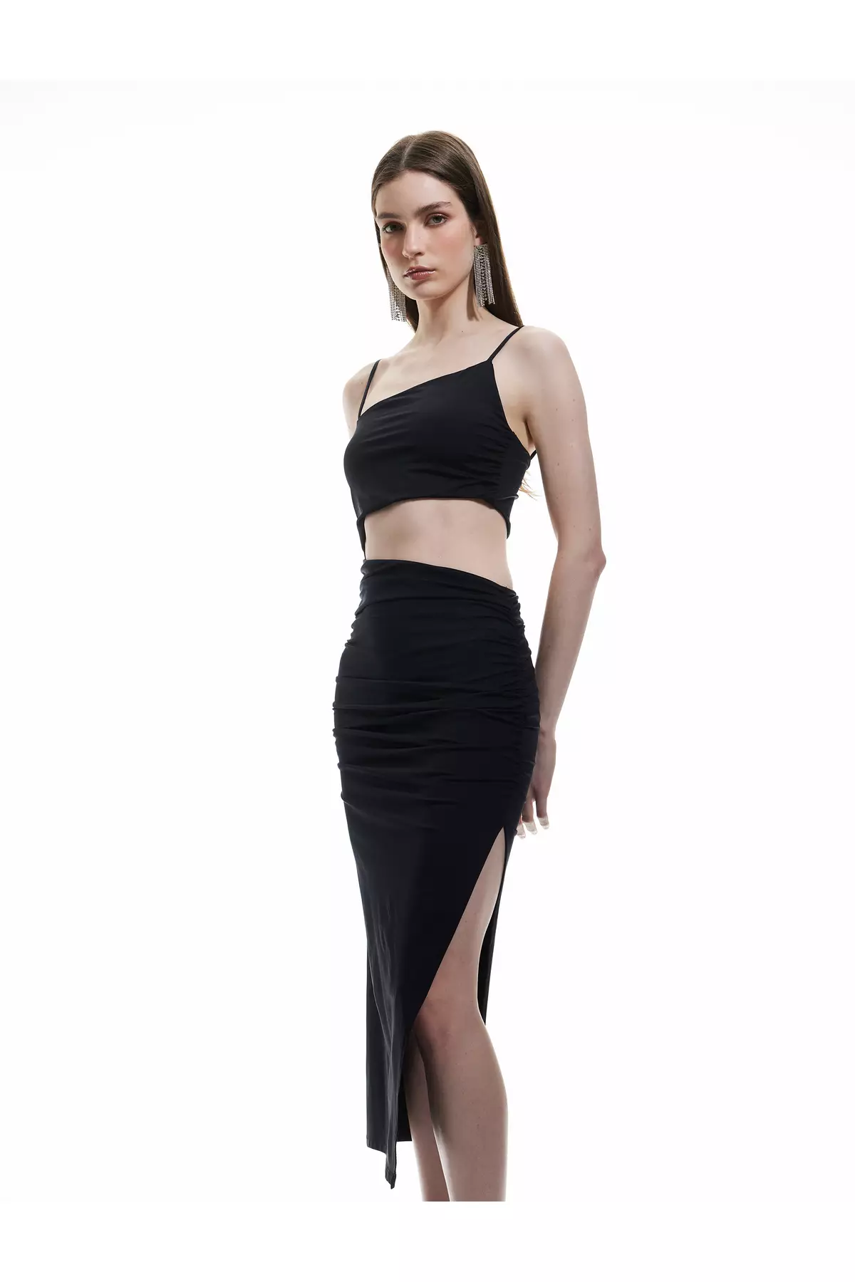 Slim Strap Side Window Detail Midi Bodycon Dress