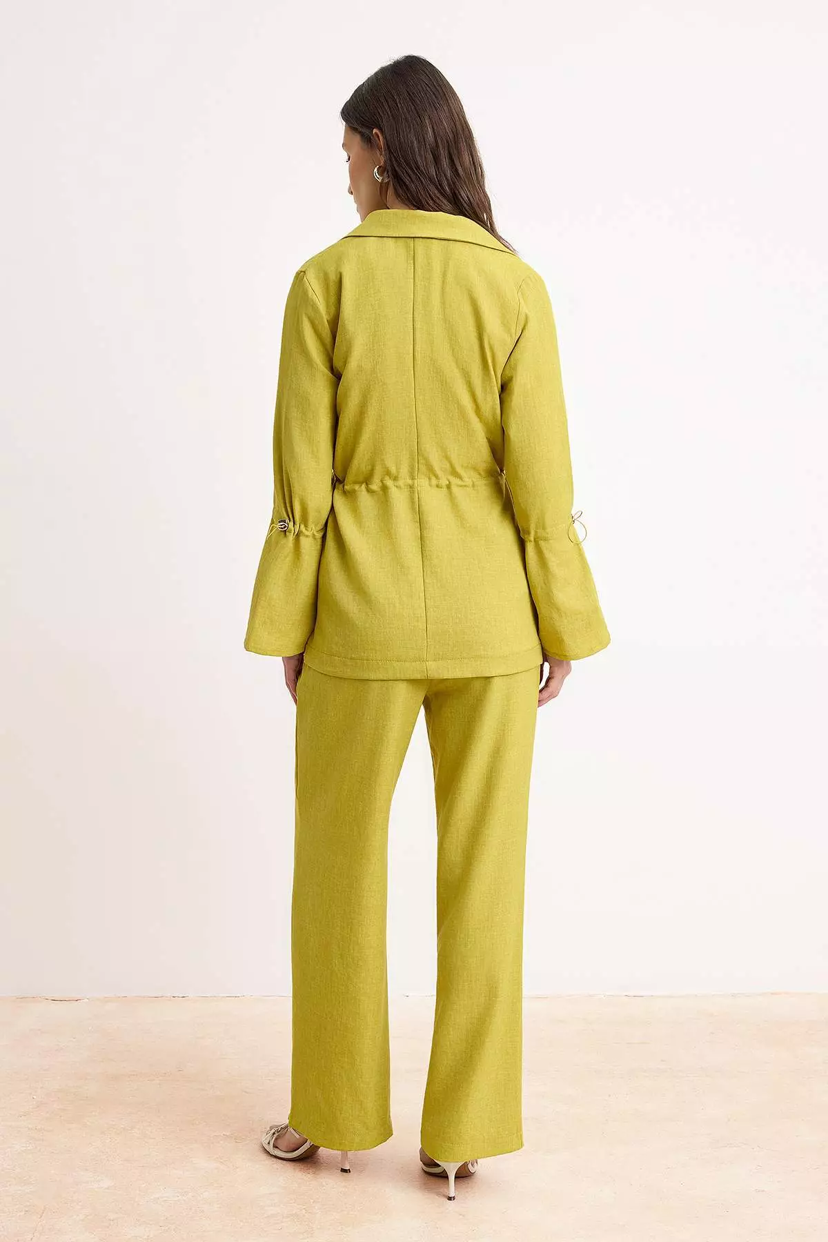 Oil Green Linen Mixed Beli Ruched Detail Tunic Pant Bottom - Top Set Tctss26Us00030