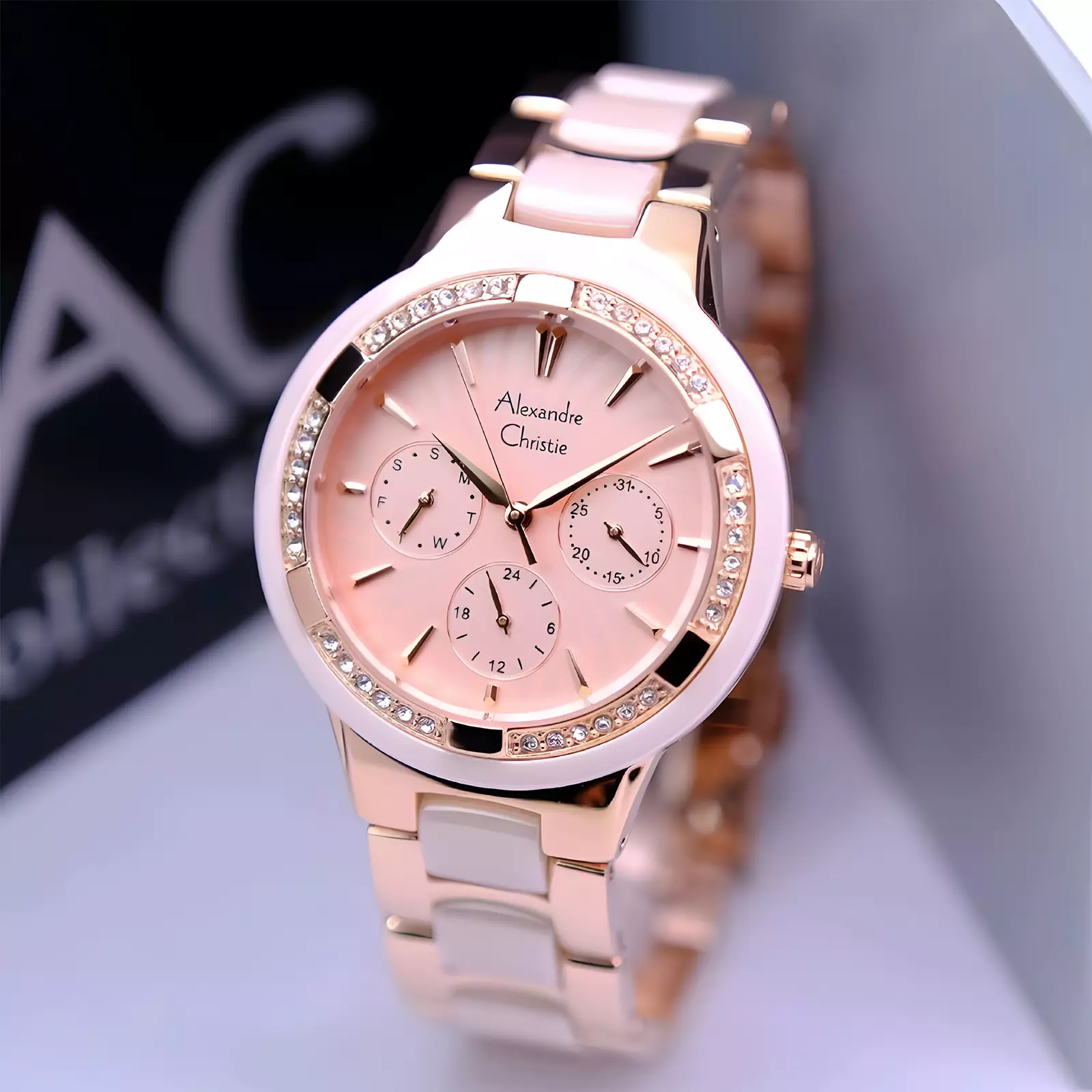 Alexandre Christie Ceramic - Jam Tangan Chronogarph Wanita - Rose Gold Peach - Stainless Steel - 2299 BFBRGLN