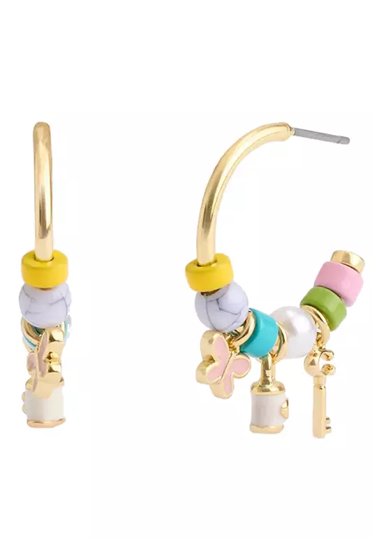 Padlock Multi Charm Huggie Earrings in Gold/ Multi CV266