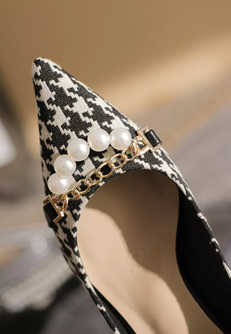 8.5CM Pearl Chain Pointy Plaid Pumps TE7198-7