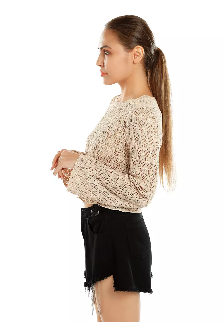 Short Crew Neck Sweater Top in Natural