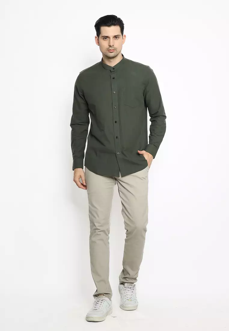 MAGINOT Kemeja Pria KOKO Basic Polos Lengan Panjang BOTTLE GREEN