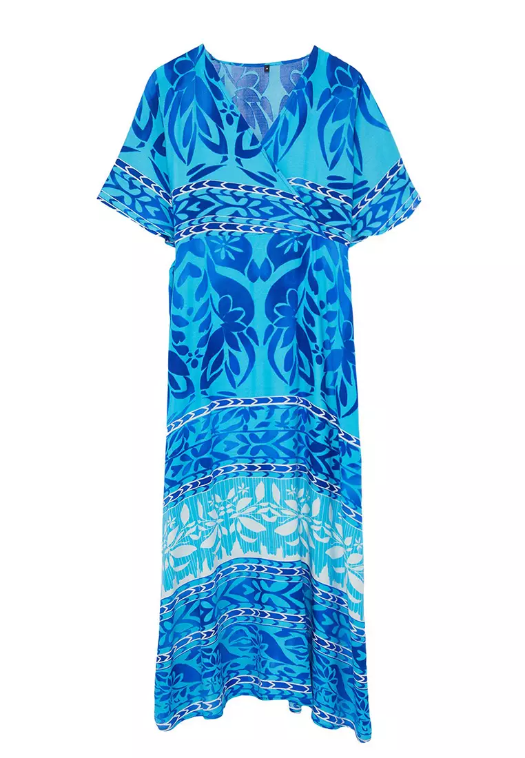 Blue Ethnic Belted Patterned A-Line Double Breasted Collar Woven Dress TWOSS24EL01046