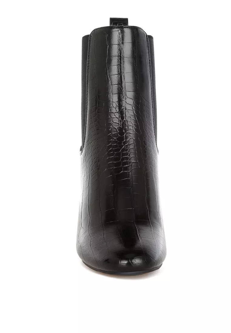 Sepatu Boot Chelsea Bertumit Blok Bertekstur Black Croc
