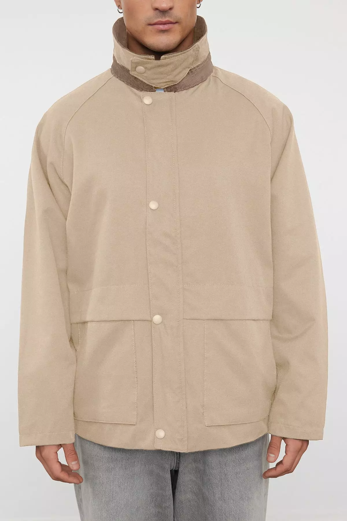 Stone Regular Fit Velvet Collar Detailed Unisex Seasonal Coat TMNAW25MO00017