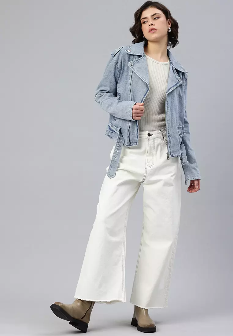 Light Wash Biker Jacket In Blue