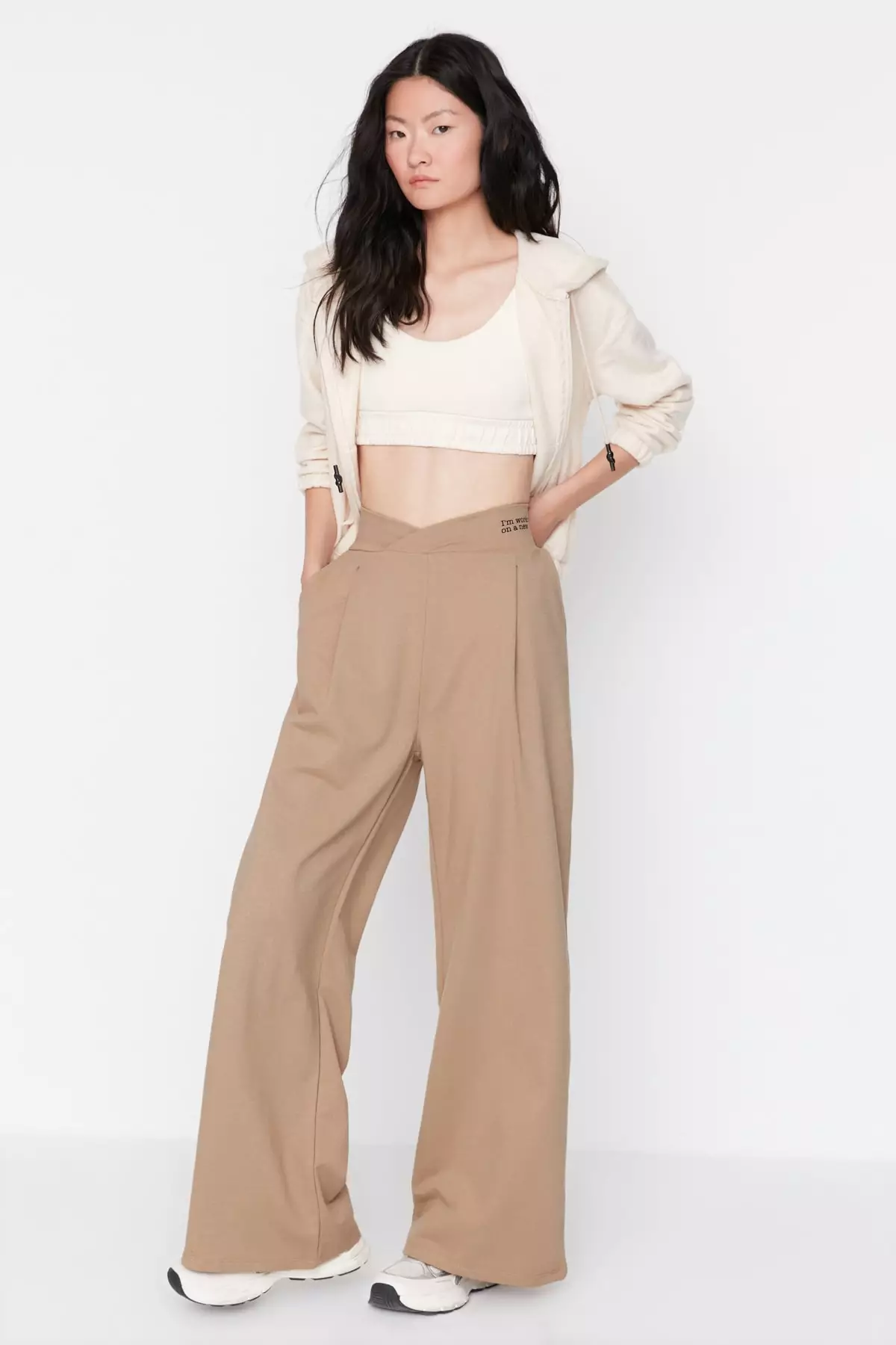 Trendyol Beige Print Detail Wide Leg/Casual Fit Asymmetrical Waist Knitted  Pants 2023, Buy Trendyol Online