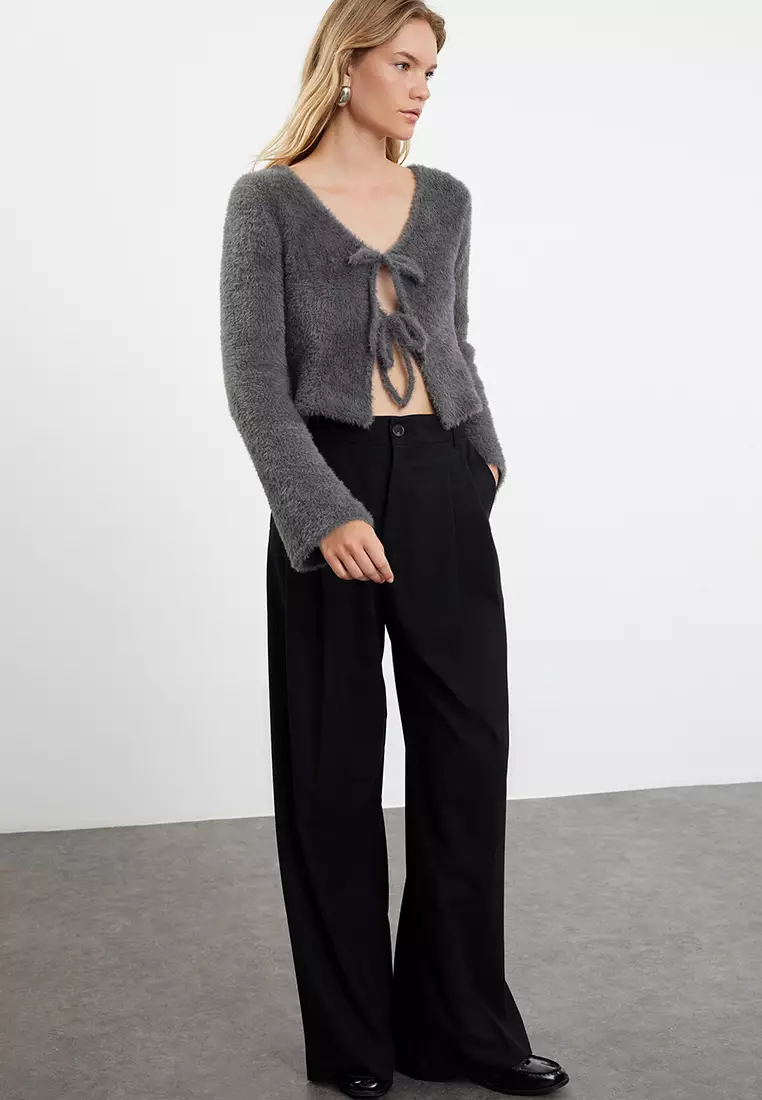 Anthracite Crop Feather Tie Detailed Knitwear Cardigan TWOAW25HI00111