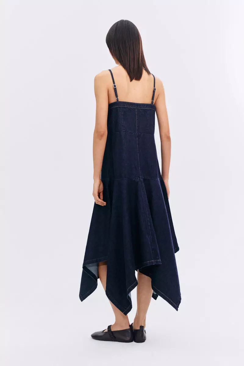 Asymmetric denim strappy dress