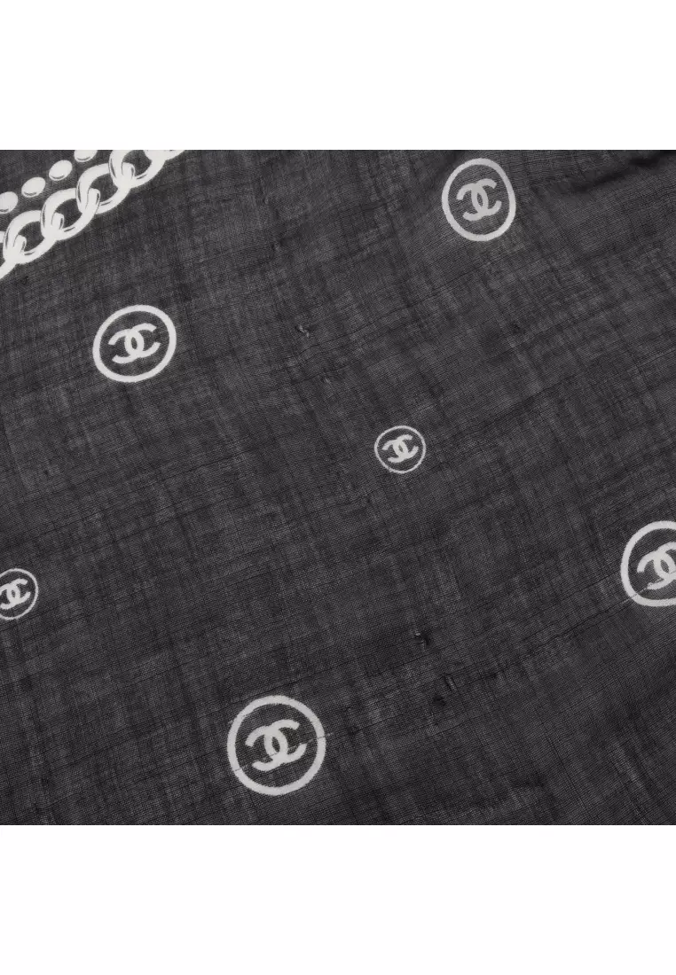 Pre-Loved Chanel coco mark shawl cashmere silk black white