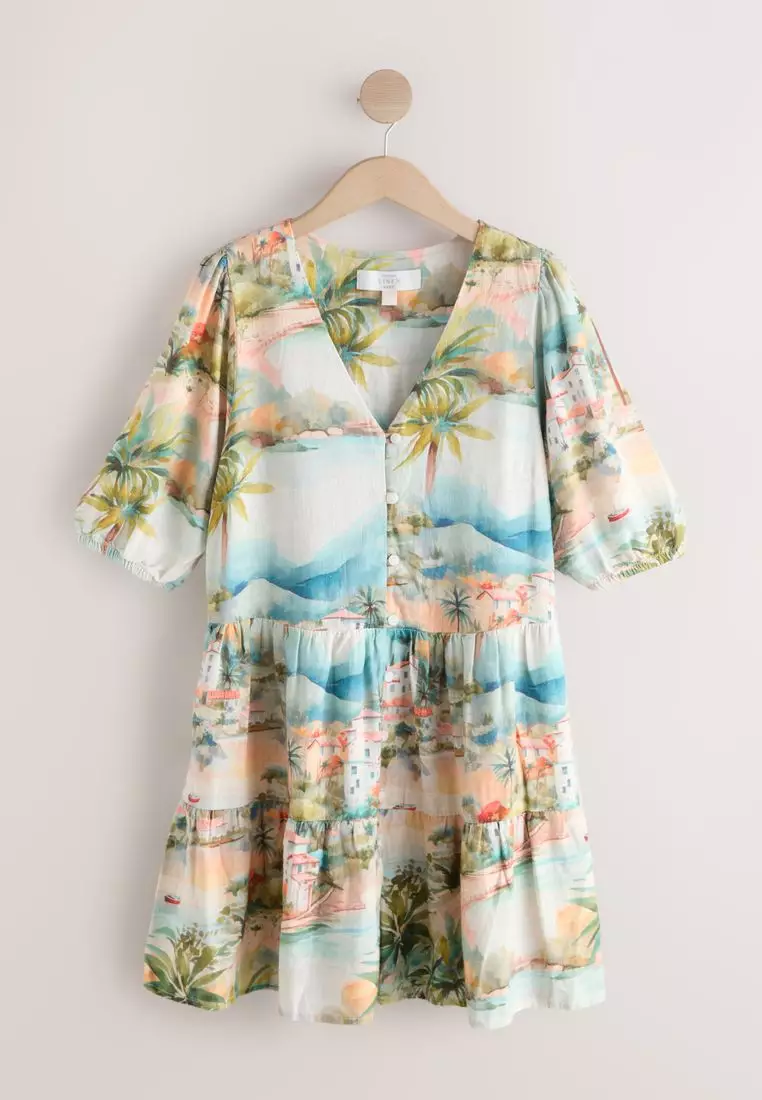 Short Sleeve Button Through Tiered Mini Dress with Linen