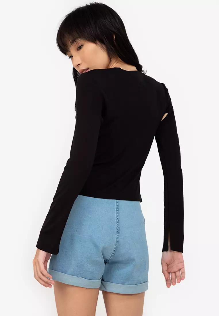 Hollister asymetric cutout long sleeve top in black