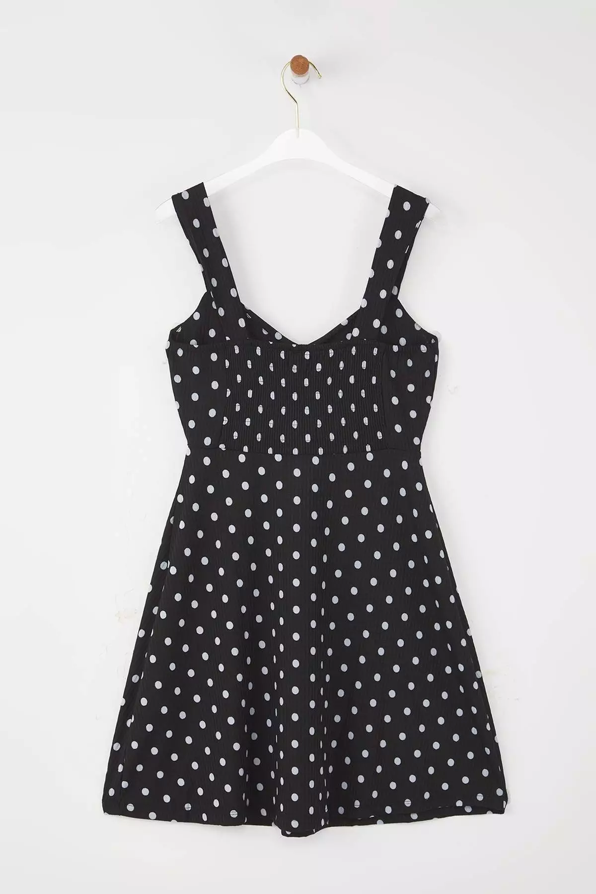 Black Strap Polka Dot Printed Skirt Ruffled Ribbed Stretchy Mini Knitted Dress