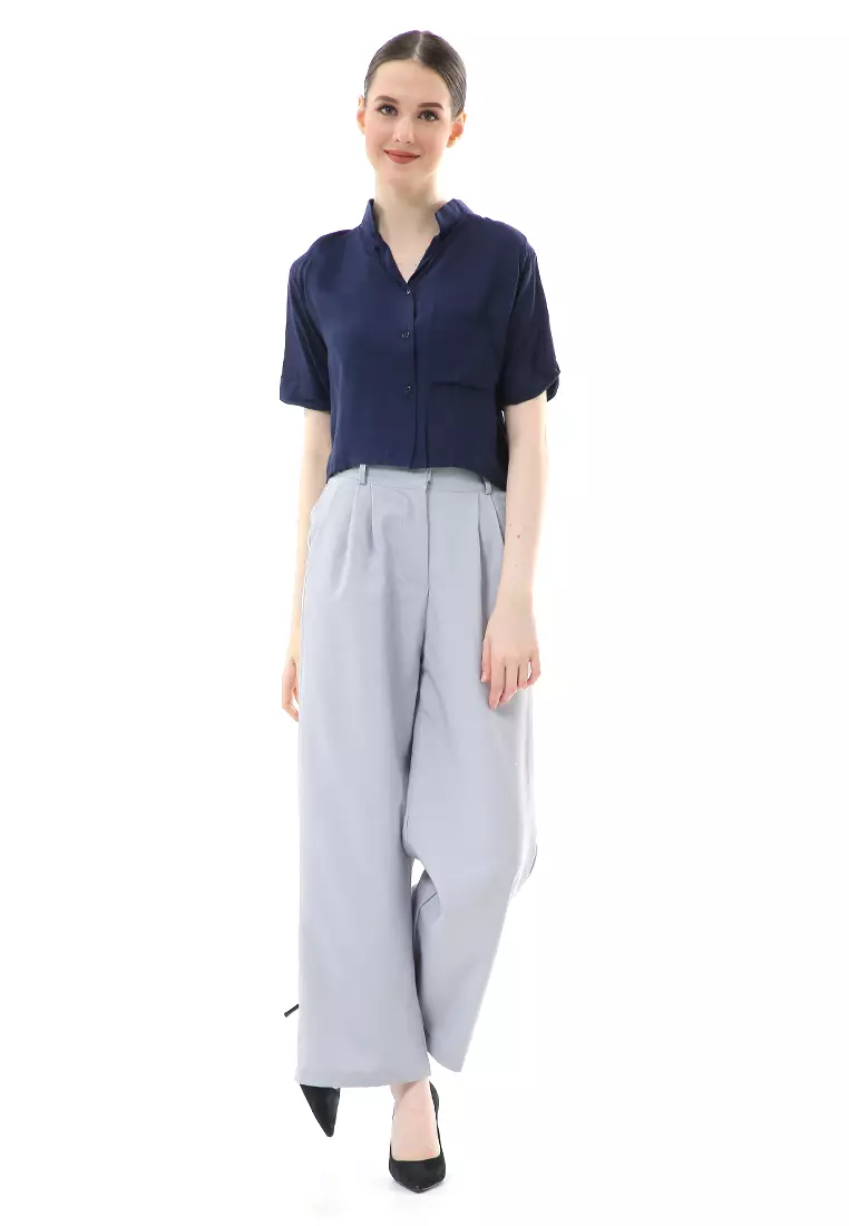 Melinda Kemeja Crop Top Atasan Wanita Motif Polos Relaxed Fit - Navy