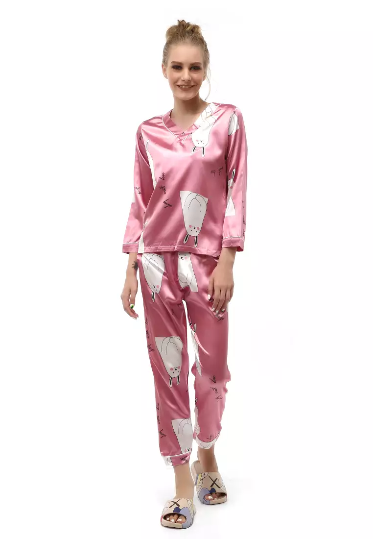 Vance Setelan Piyama Baju Tidur Wanita Buny Pig Lengan Panjang Material Satin ORIGINAL - Pink