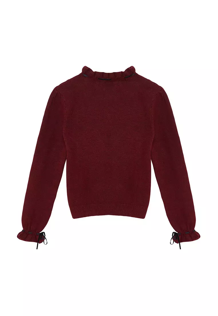 Claret Red Soft Texture Openwork/Hole Ribbon/Bow Detailed Knitwear Sweater TWOAW21KZ2355