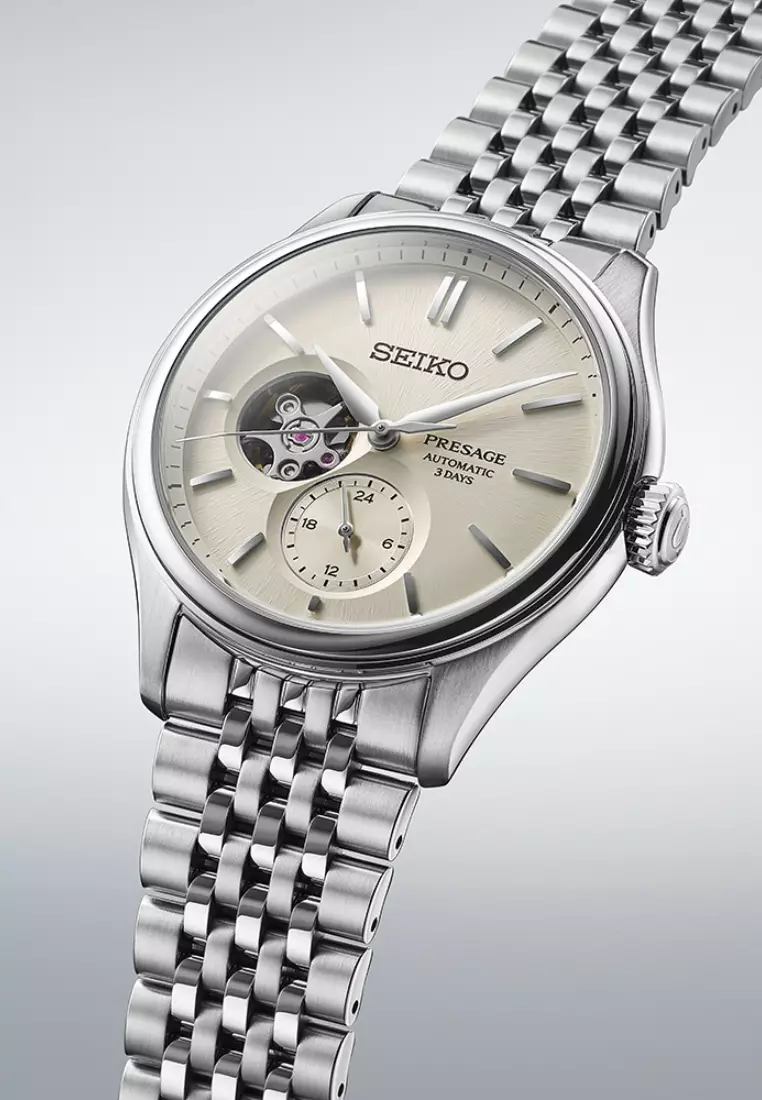 精工 Presage 經典系列半鏤空「Shiroiro」鏤空設計不鏽鋼錶帶自動手錶 SPB469J1