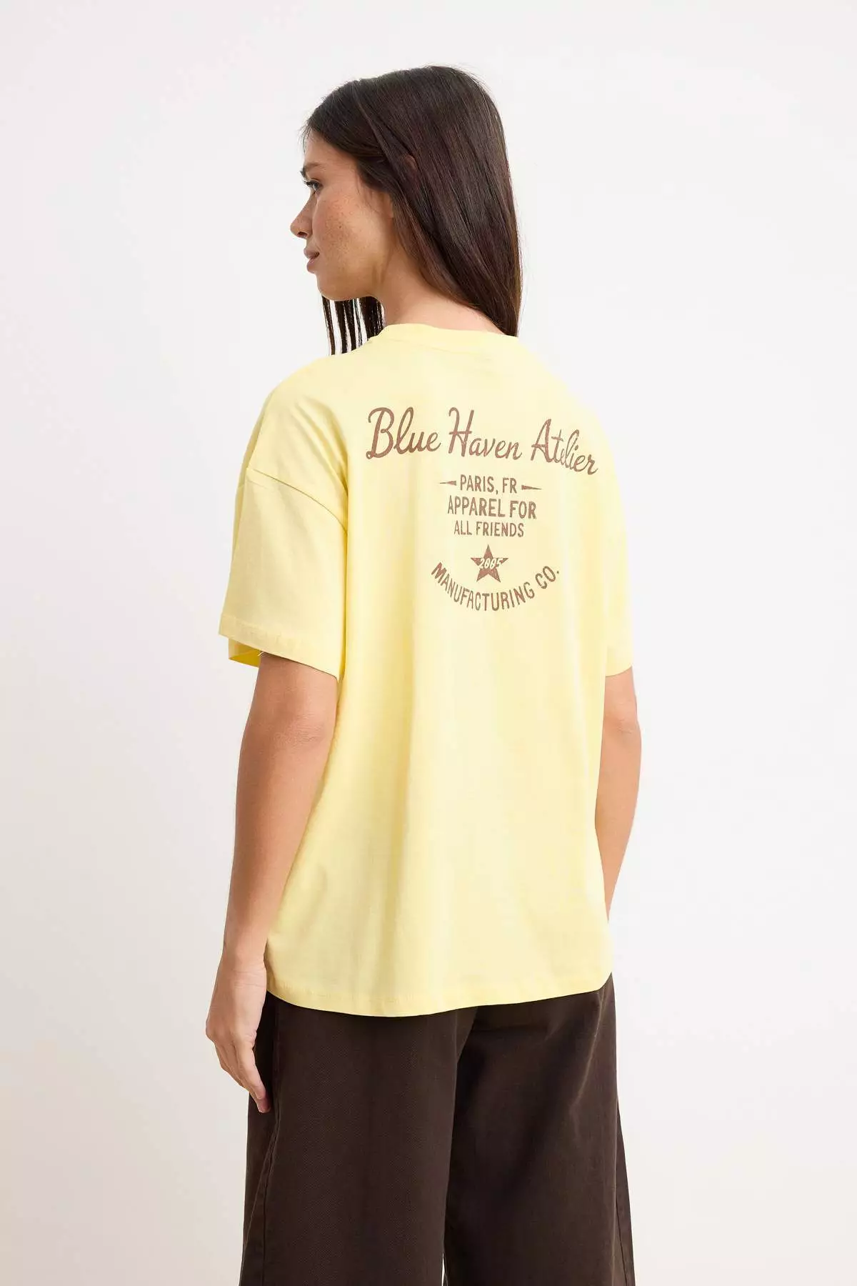 Light Yellow Plain Oversized Crew Neck Low Sleeve Short Long %1 Cotton Knitted T-Shirt Twoss26Ts29