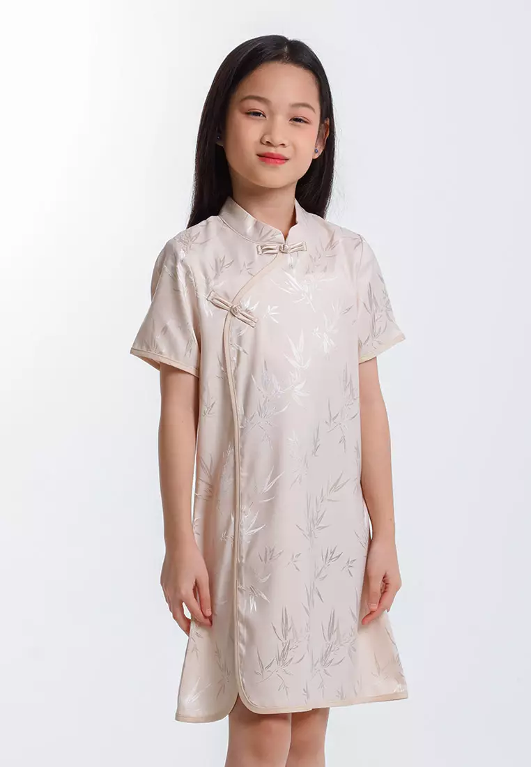 Forest Girls CNY Cheongsam Jacquard Short Sleeve Dress - FK885088-09Champagne