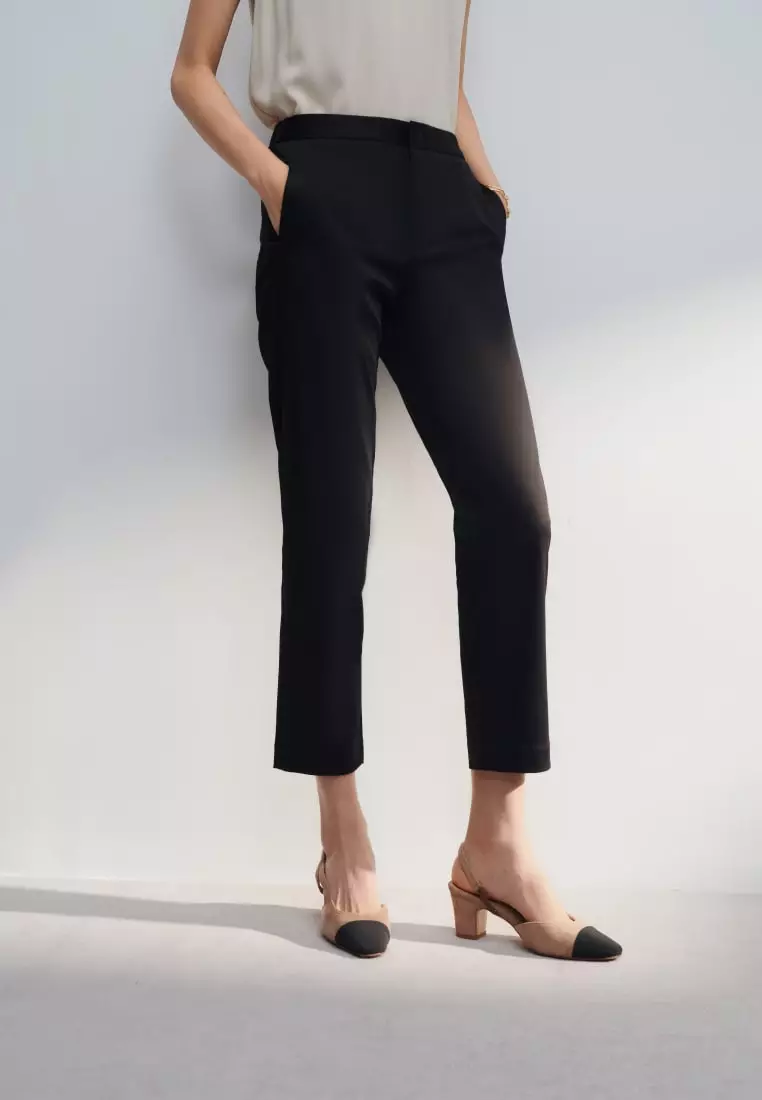 Cotton Blend Spandex Satin Cropped Cigarette Pants With Elastic Waistband