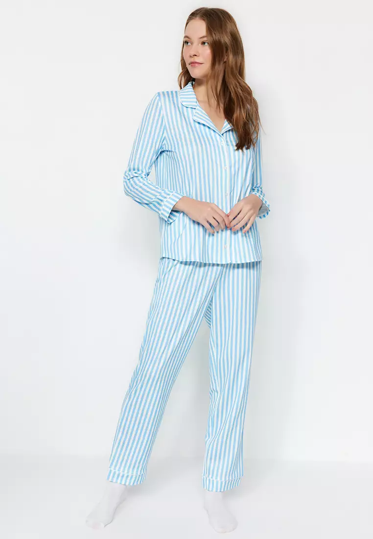 Stripe Patterned Piping And Fleece Lined Shirt-Pants Knitted Pajama Set