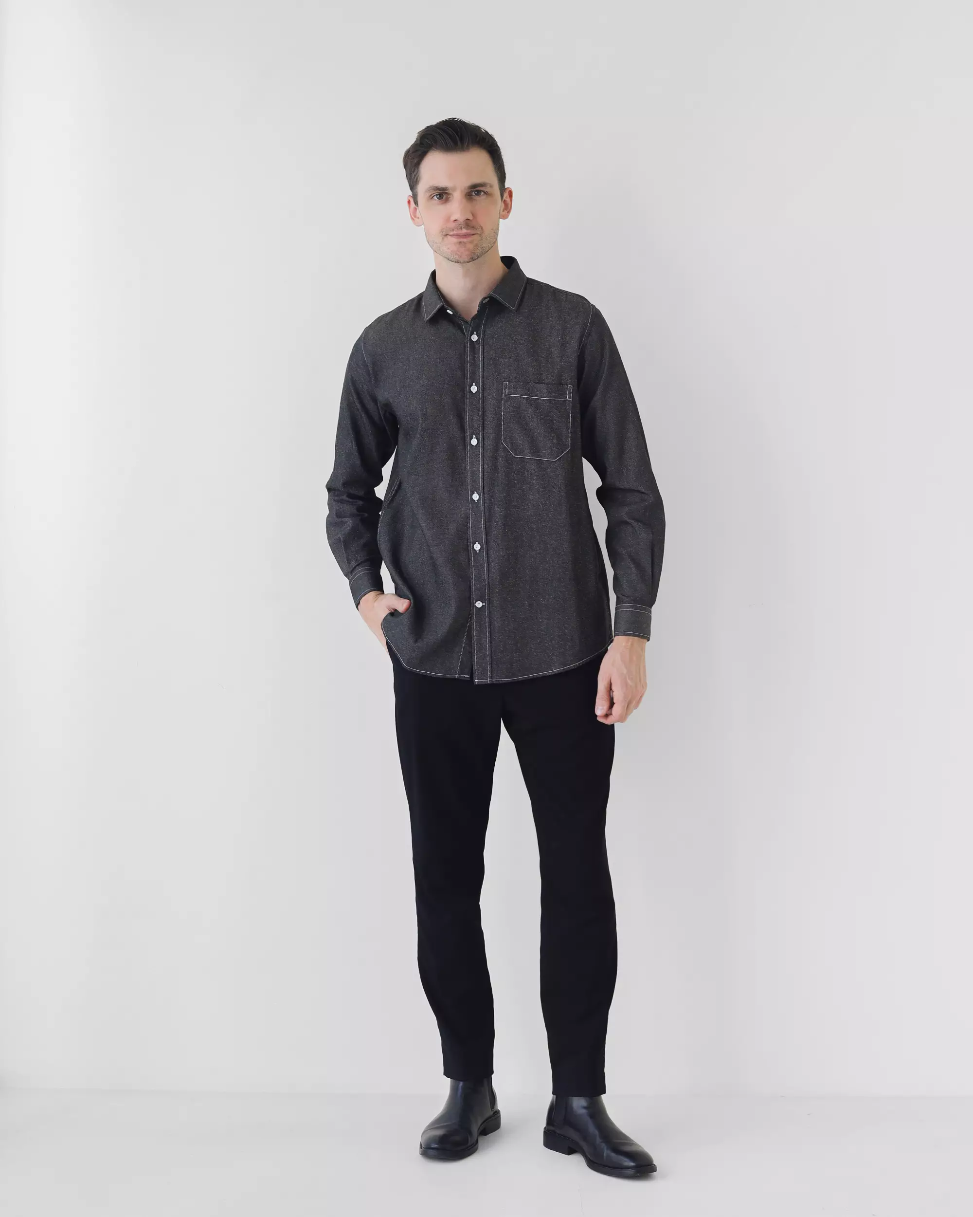 Cotton Well Light Denim Series in Washed Black | Kemeja Lengan Panjang Denim Hitam