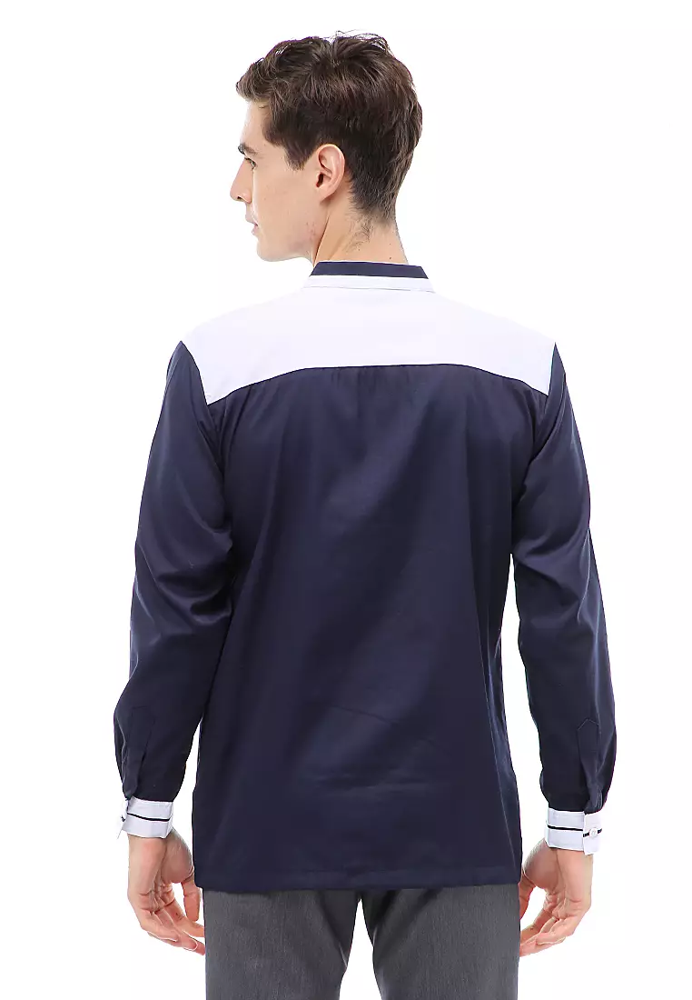 Dwan Atasan Formal Pria Kemeja Koko Long Sleeve List Bahu Material Cotton ORIGINAL - Navy