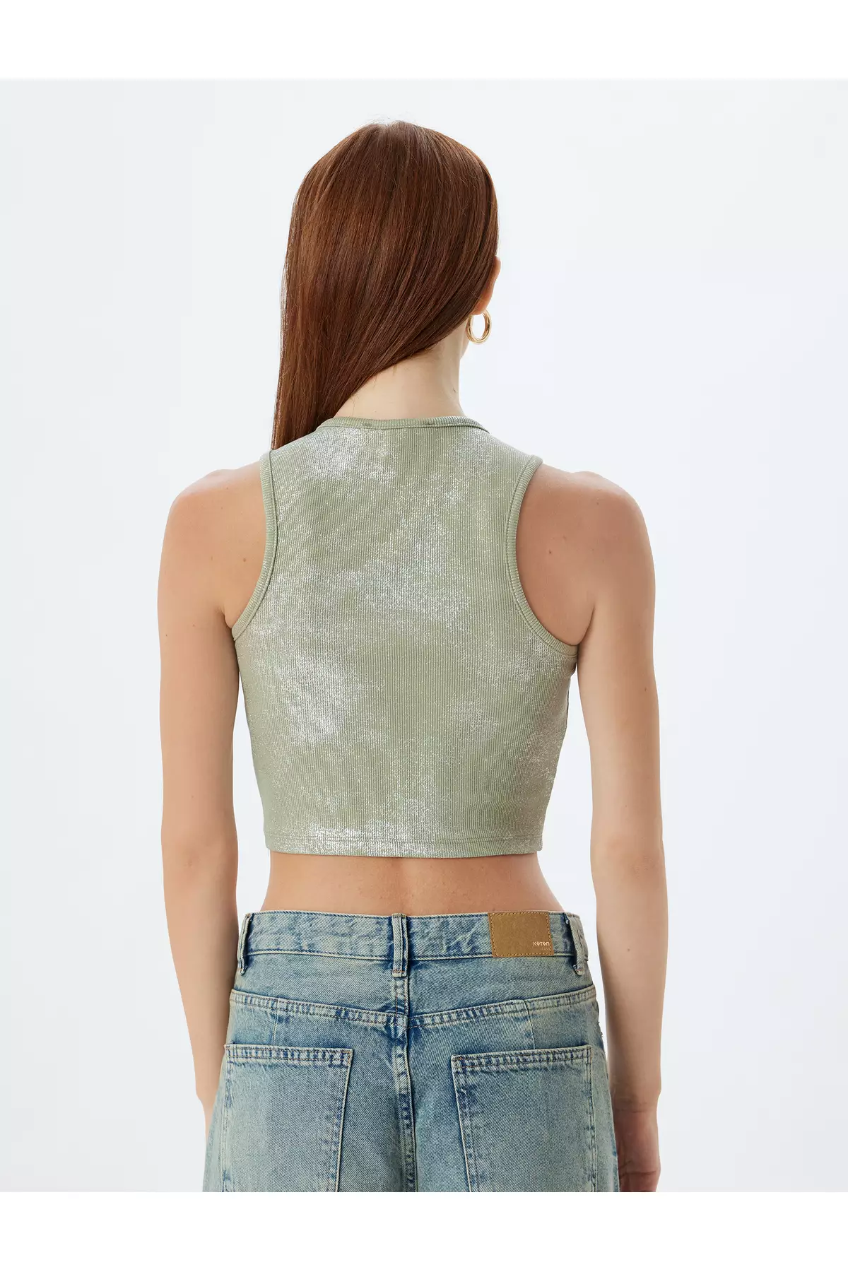 Halter Collar Ribbed Crop Tank Top with Metallic Print Detail