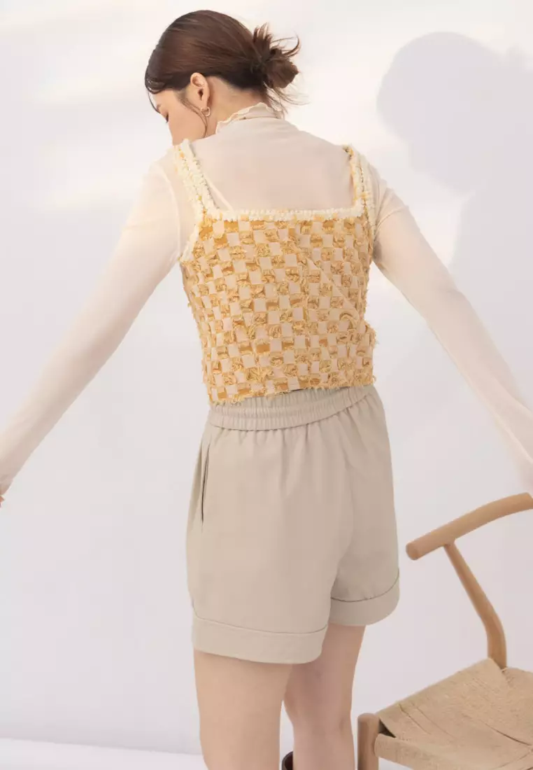 Raw Edge Checkerboard Denim Sleeveless Top